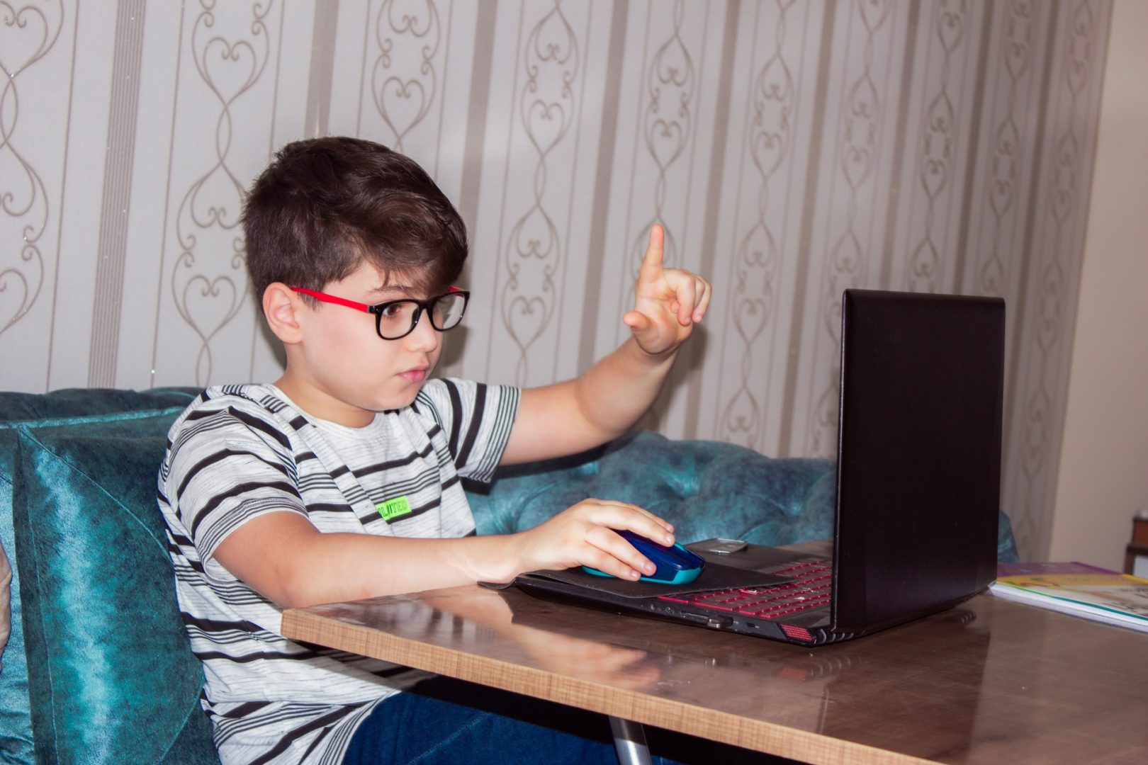Menino de óculos em aula on-line