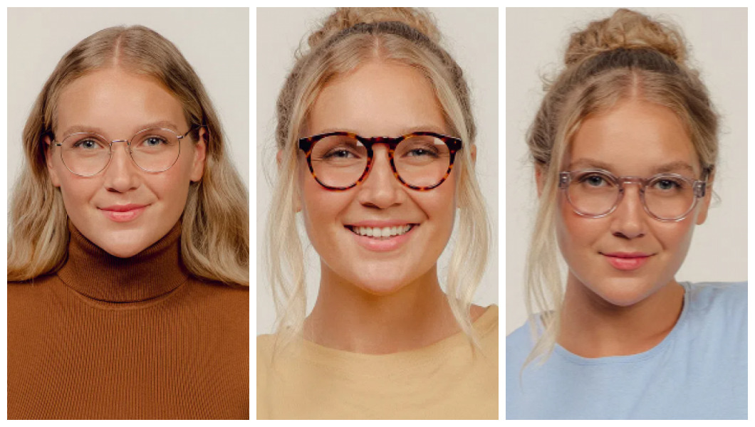 Três fotos da mesma mulher de cabelos loiros com óculos reserva diferentes